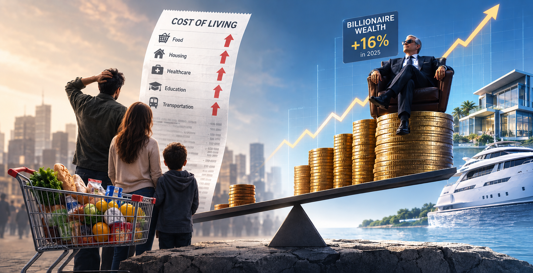 The gap between the rich growing their wealth and the poor stuck in their basic needs